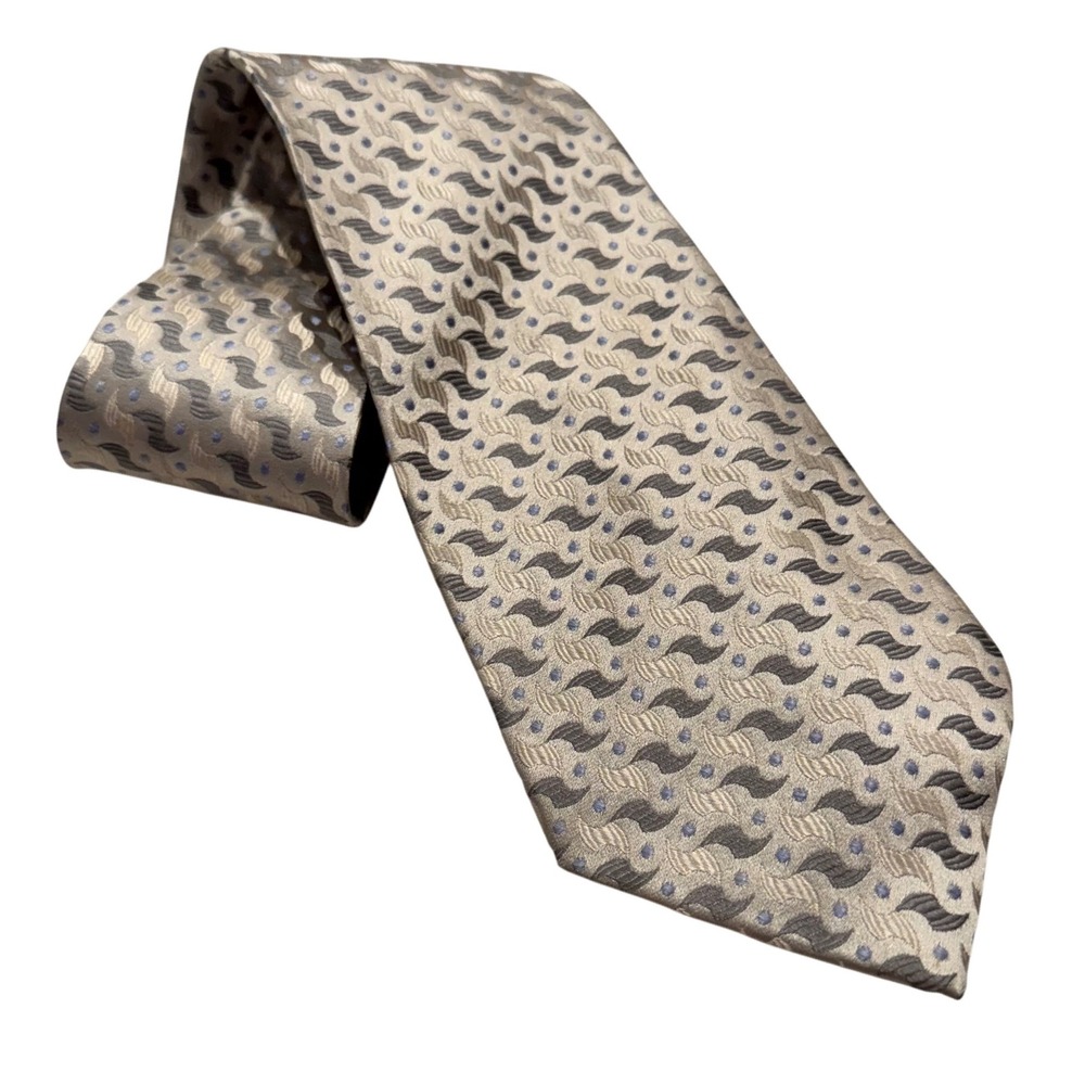 Paul Dione Mens Silk Tie Geometric Wave Polka Dot Champagne Silver Grey Handmade